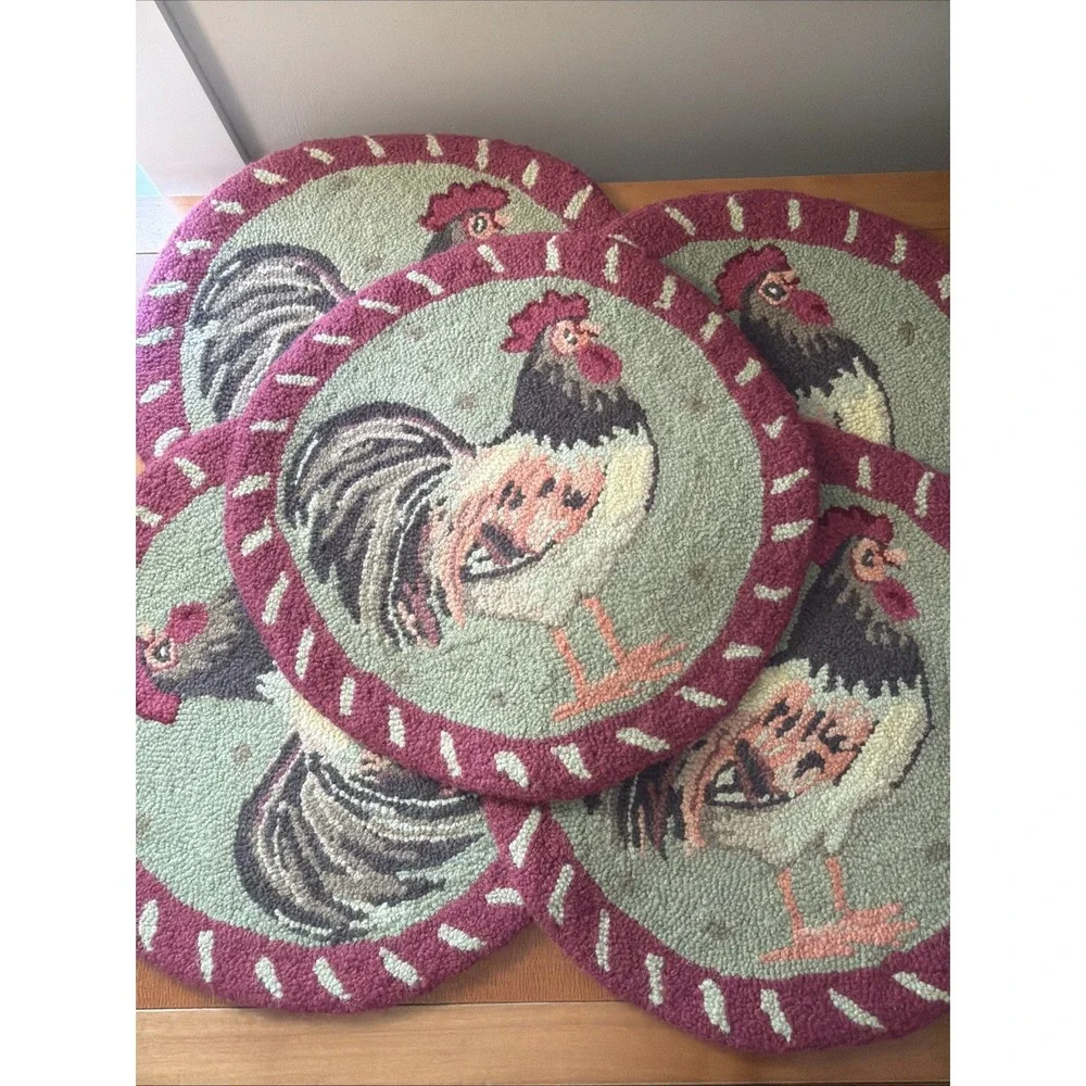 Set Of 5 Hooked Rug Rooster Chair Pads NWOT‎